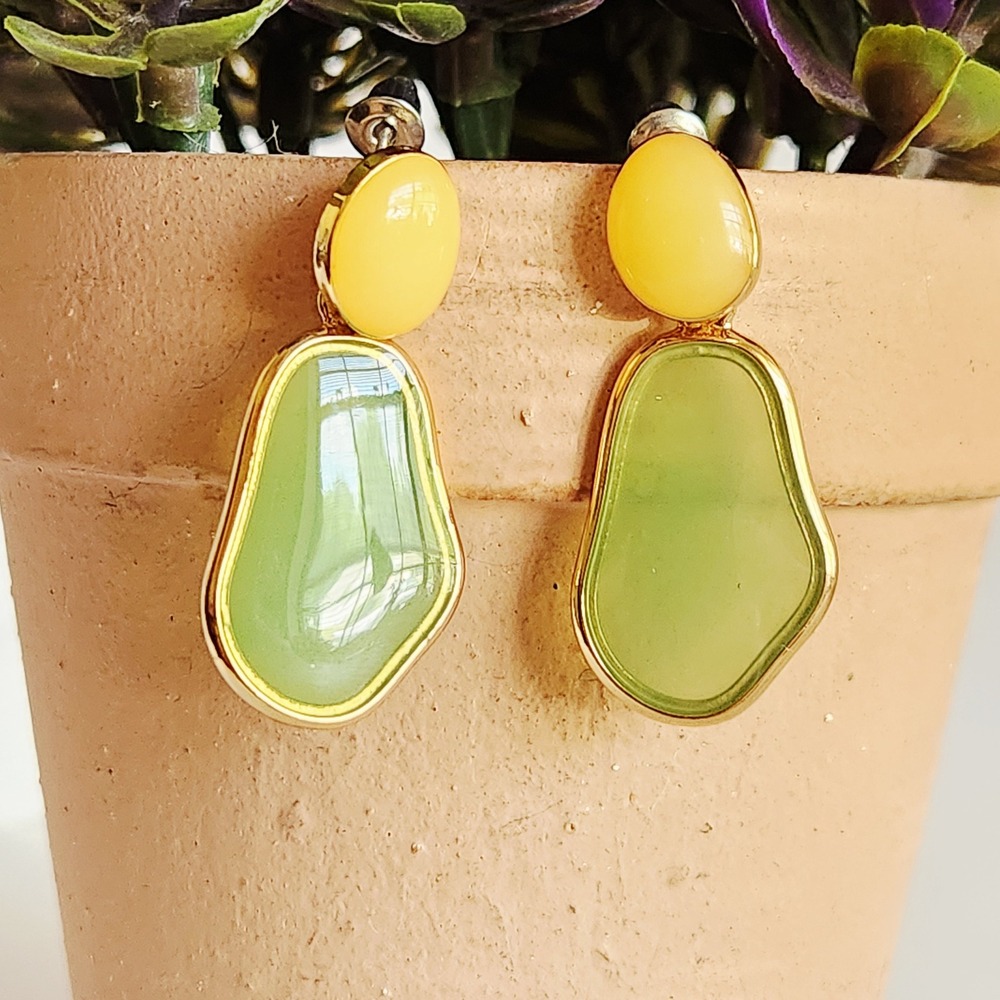 Green and Yellow Resin Organic Shape Drop Earringsโ Gold Tone Post Back 1.5"